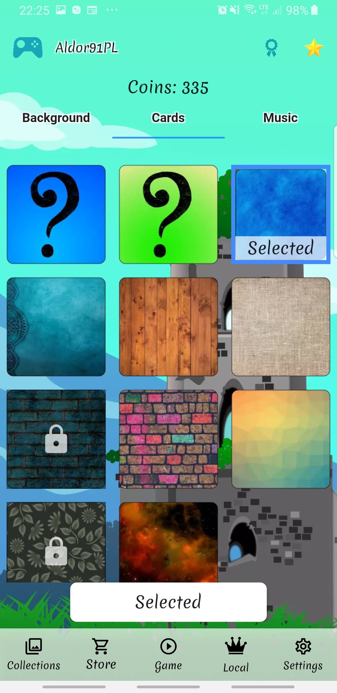 Cards Matching store with selectable and unlockable card back designs